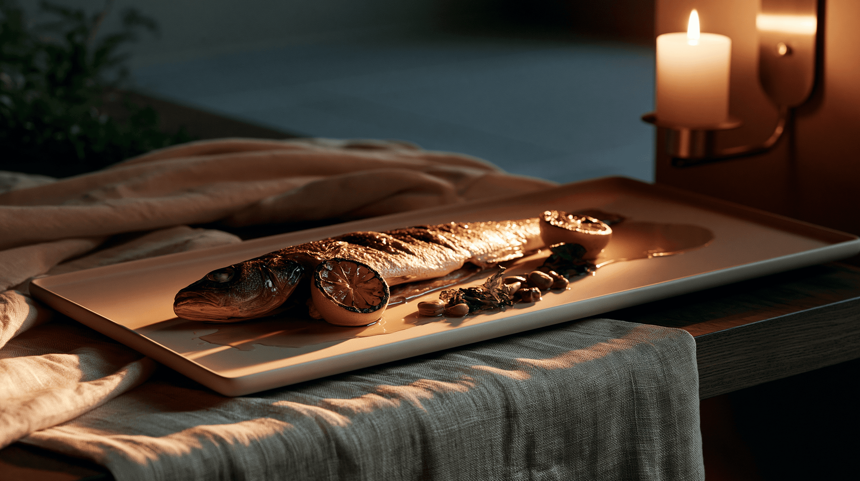 Whole wood-fired branzino on a platter