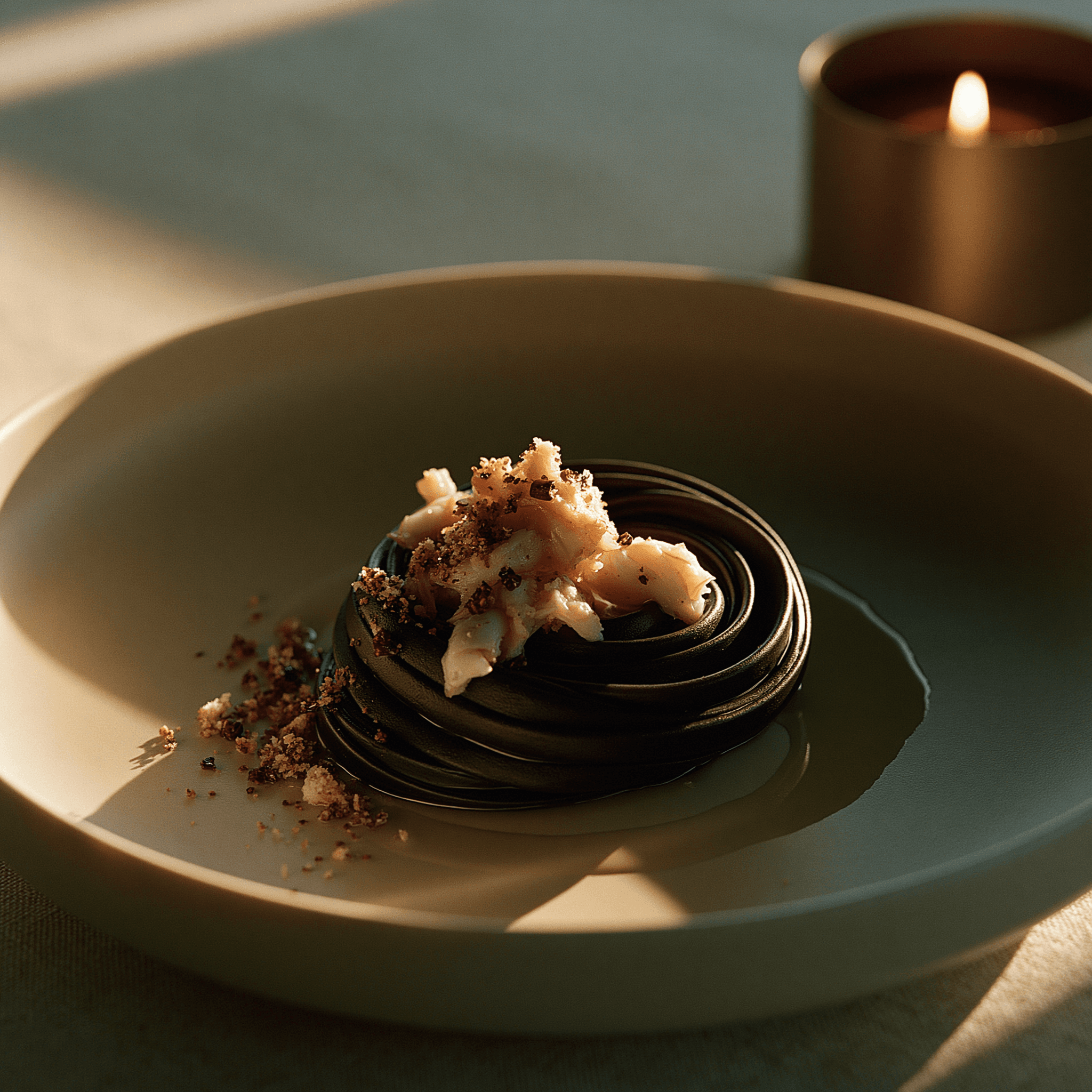 Black tagliolini with crab